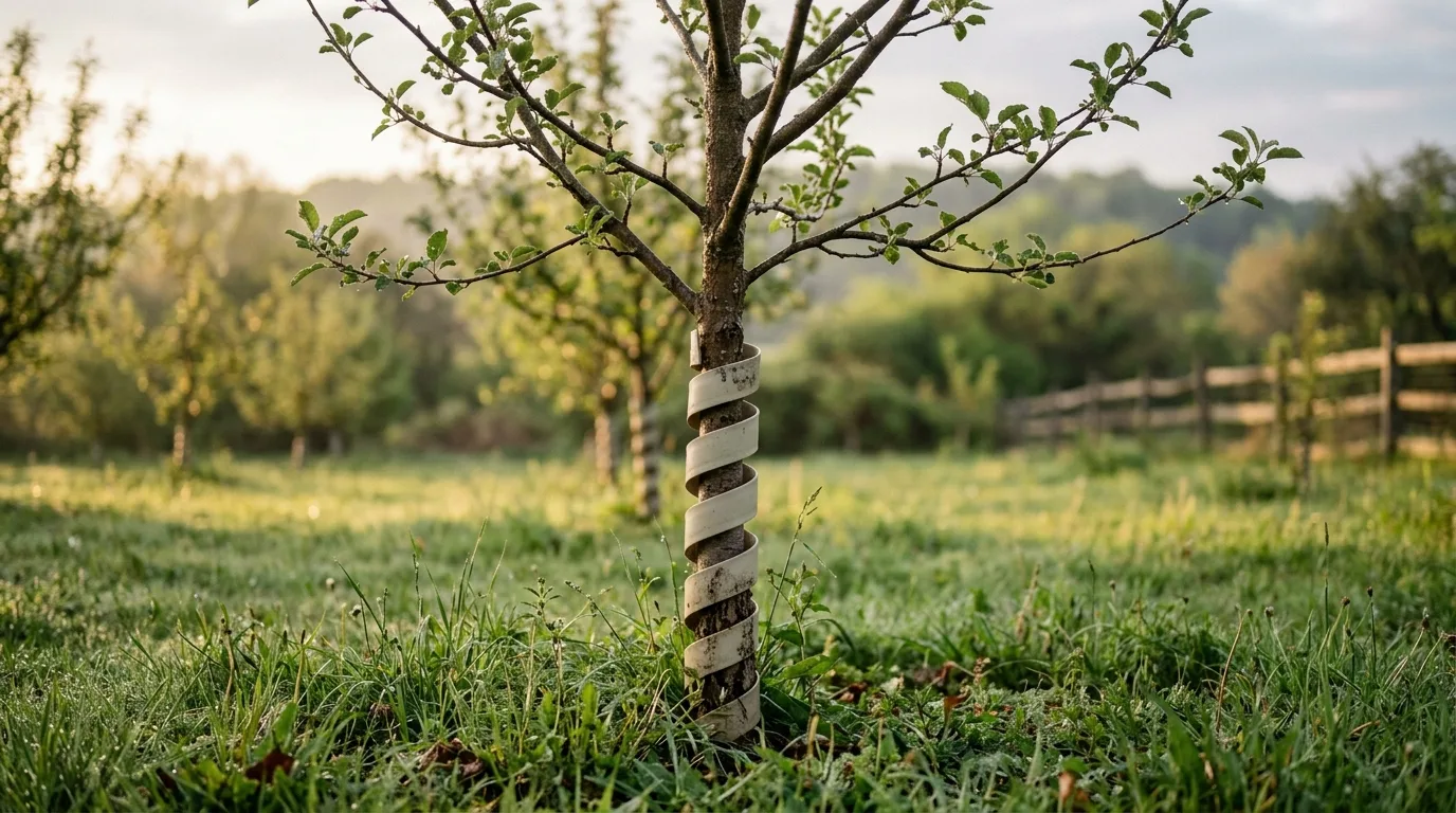 A young fruit tree in an orchard protected by a pale trunk guard, soft morning light