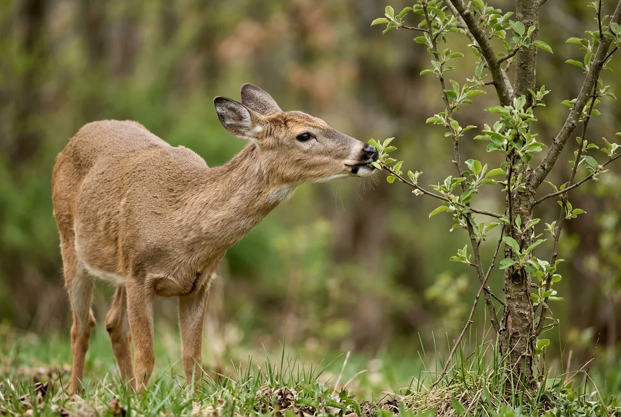 A white-tailed deer browsing the tender tips of a young fruit tree at the edge of an orchard