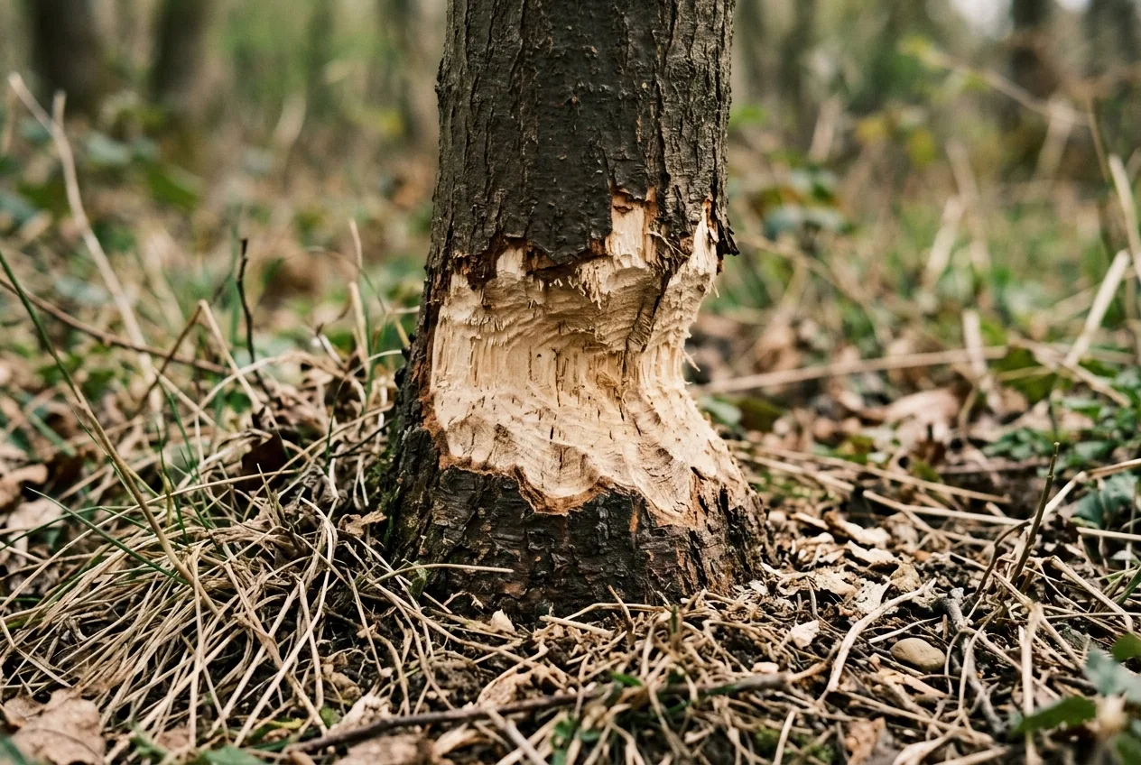 Close view of a young tree trunk girdled near the base where bark has been gnawed away