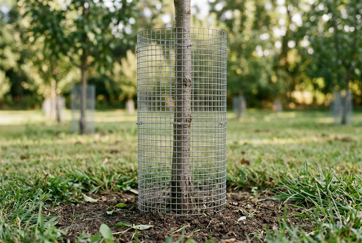A cylinder of hardware-cloth mesh installed around the base of a young tree trunk