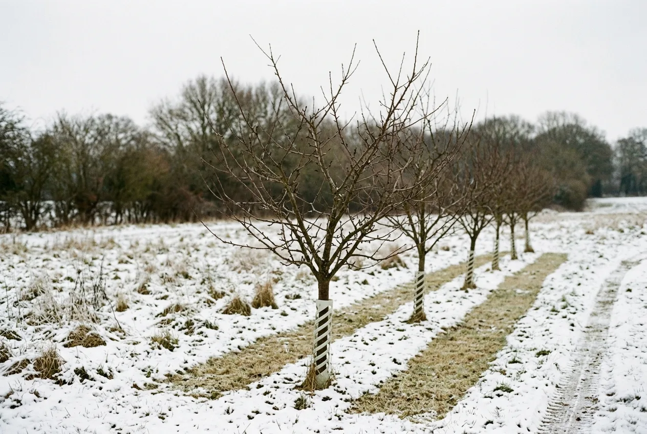 Young orchard trees with white trunk guards standing in light snow in the dormant season