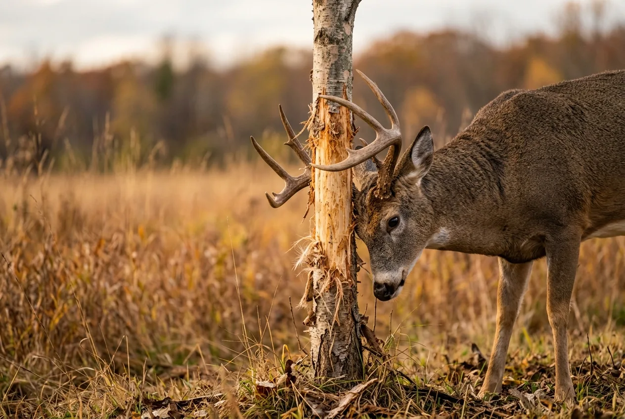 A buck rubbing its antlers against a slender young tree trunk, stripping bark