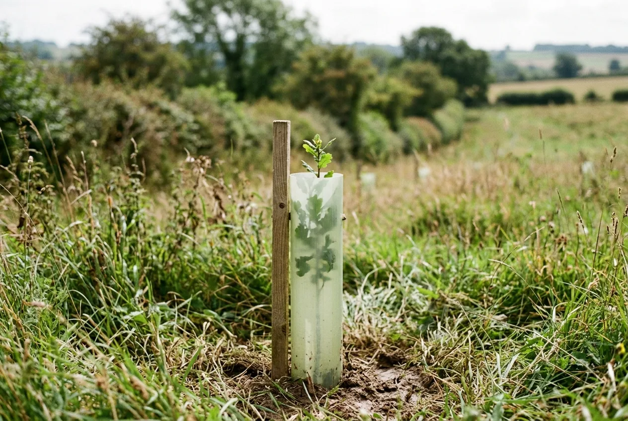 A short plastic tree shelter tube around a newly planted seedling in a field