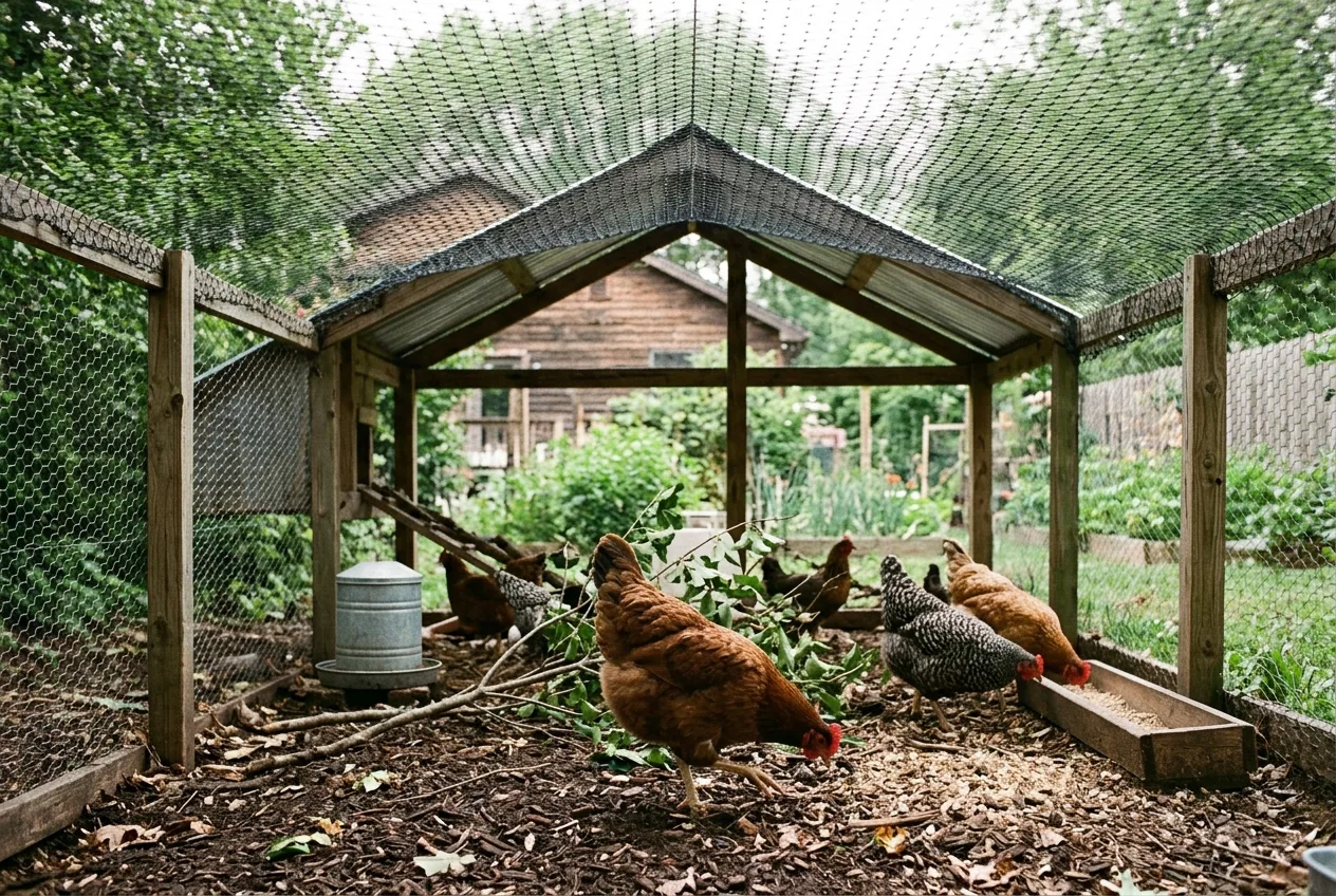 Hens in a covered run with netting stretched overhead against aerial predators