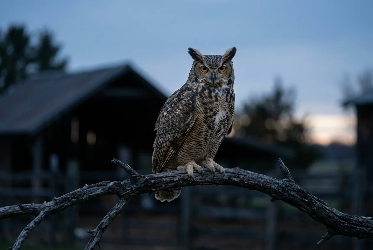 A great horned owl perched at dusk near a farmyard