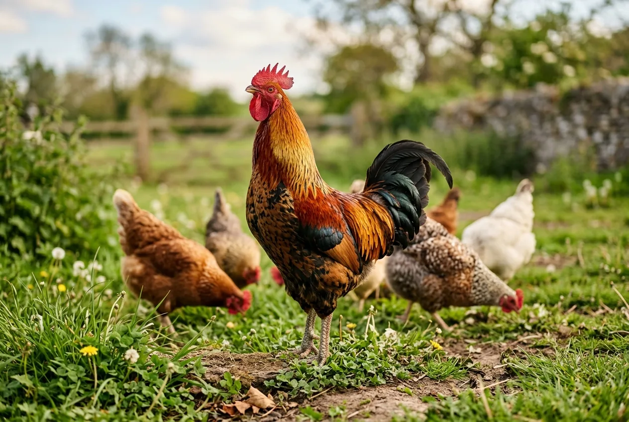 An alert rooster standing guard among hens in a grassy yard