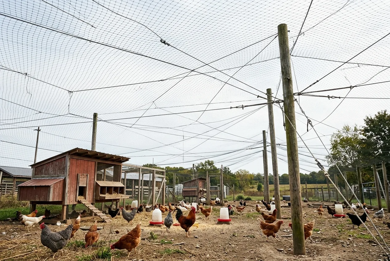 Overhead wires and netting strung across an open poultry yard
