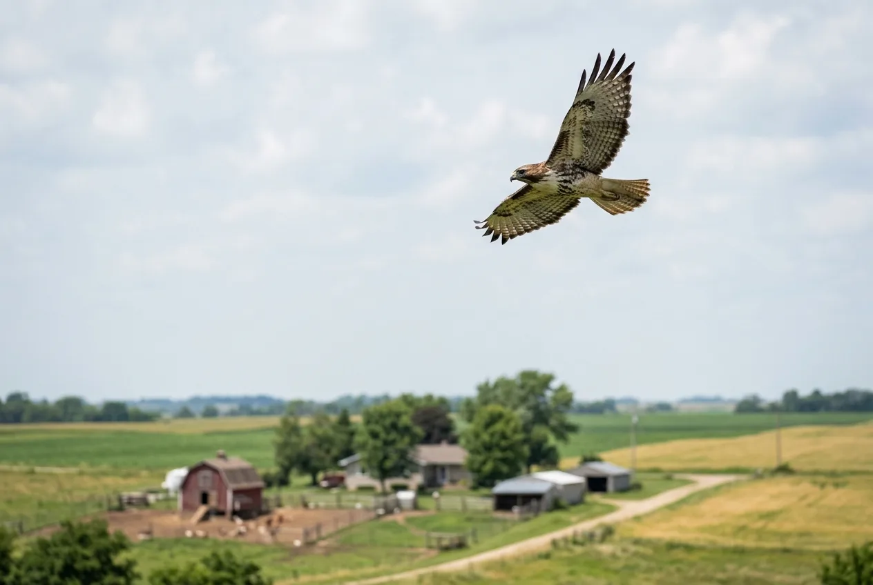 A hawk soaring high over a small farmstead and its fields