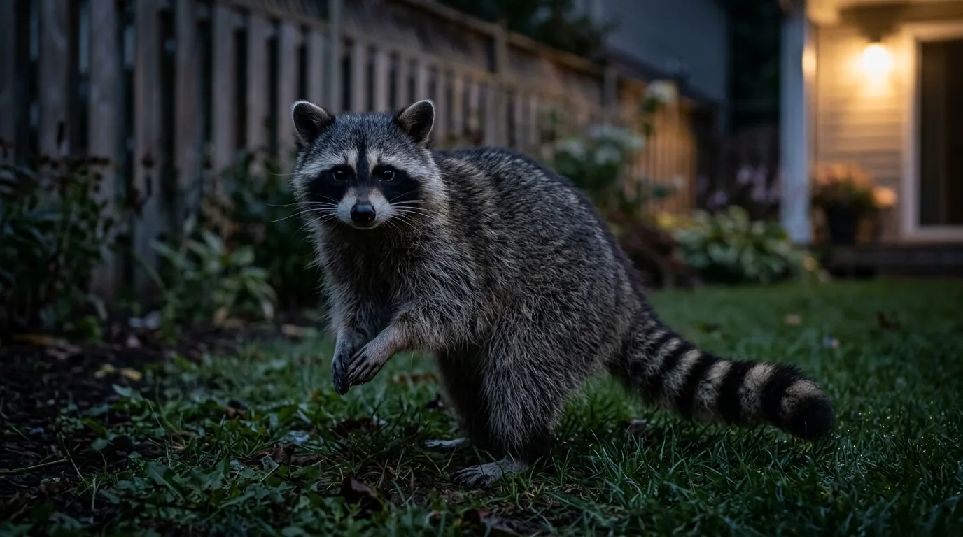 A raccoon with a black mask and ringed tail at the edge of a backyard at night