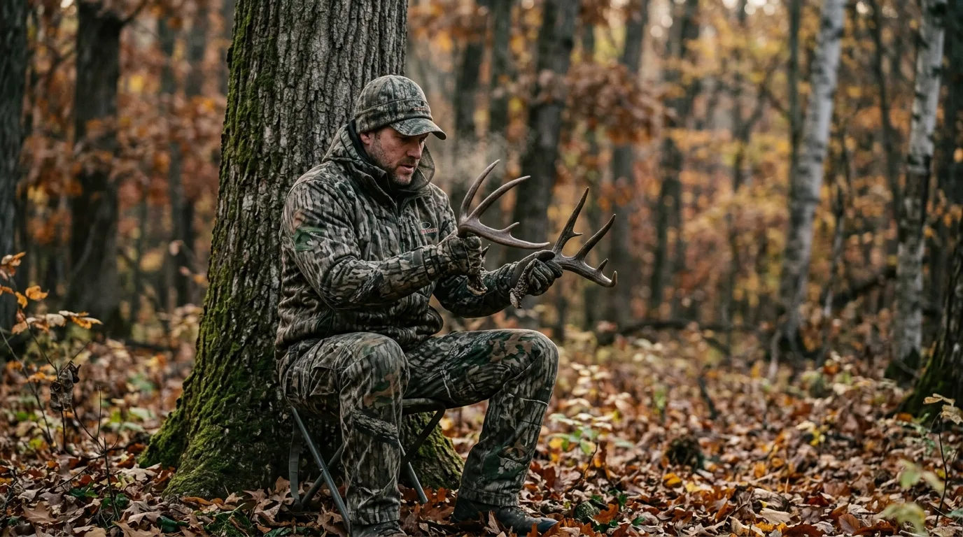 A camouflaged hunter clashing a set of rattling antlers together in autumn woods