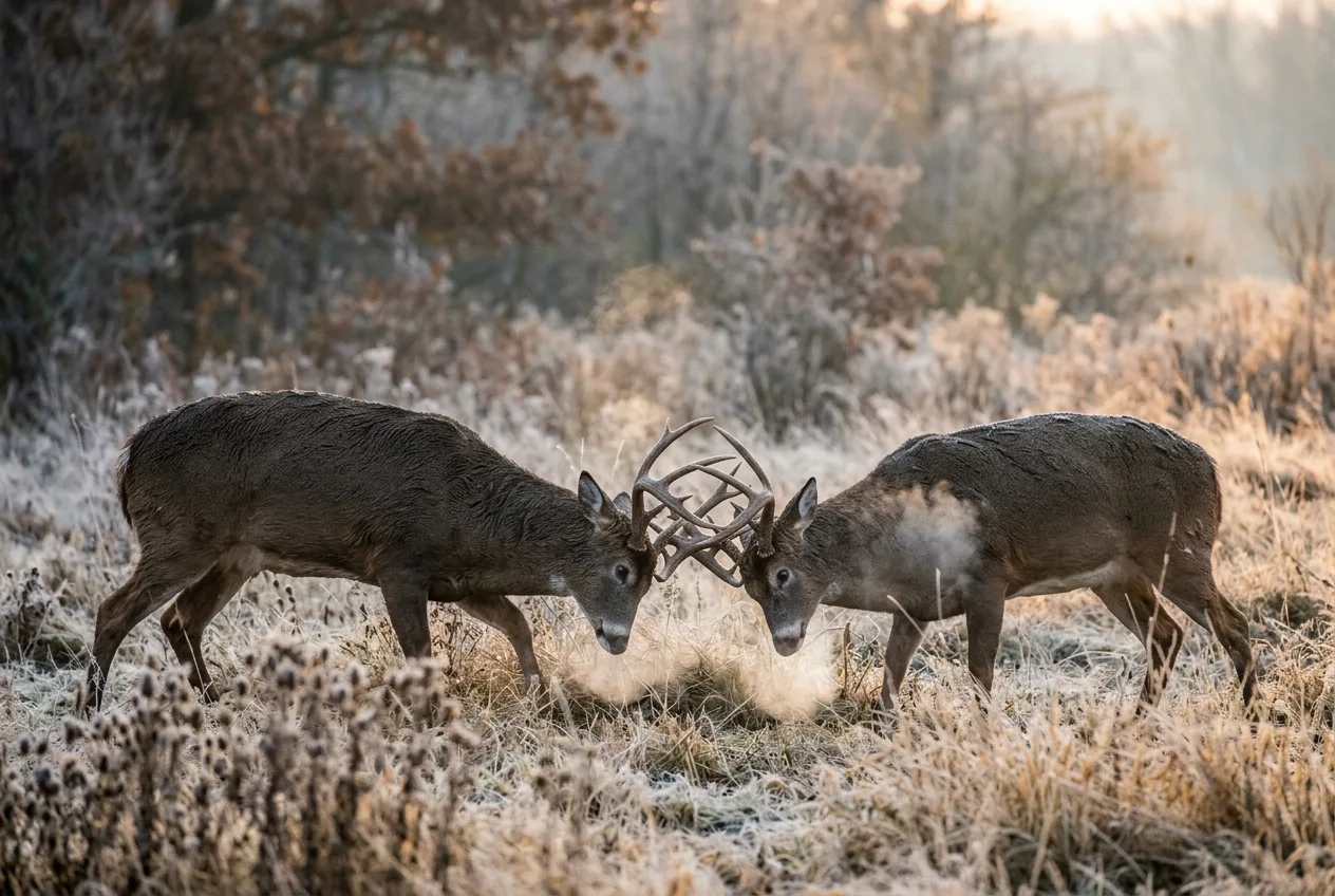 Two bucks with locked antlers sparring in a frosty autumn field at dawn