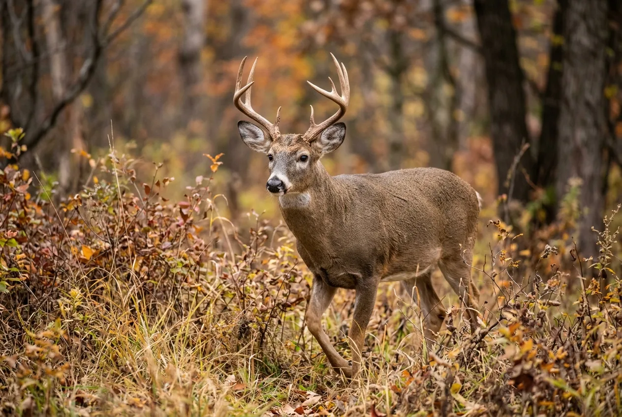 An alert buck approaching cautiously through brush with ears forward