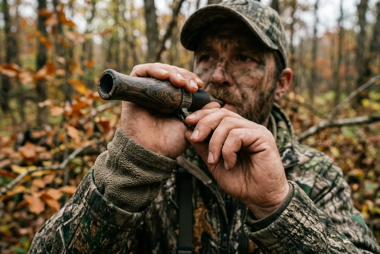 Close view of a hunter's hands blowing into a deer grunt call in the woods