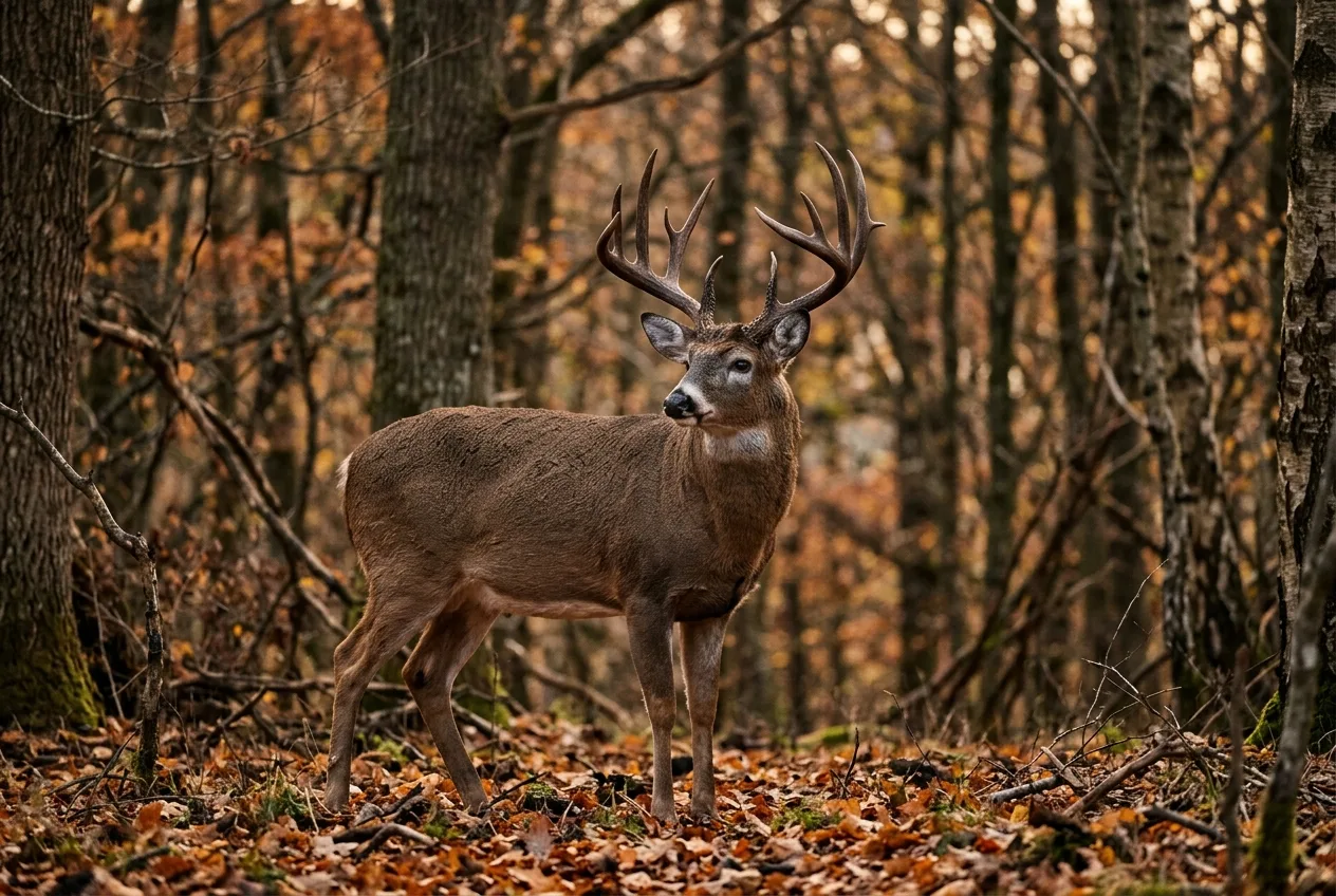 A mature buck standing in open timber turning its head to listen, ears cupped