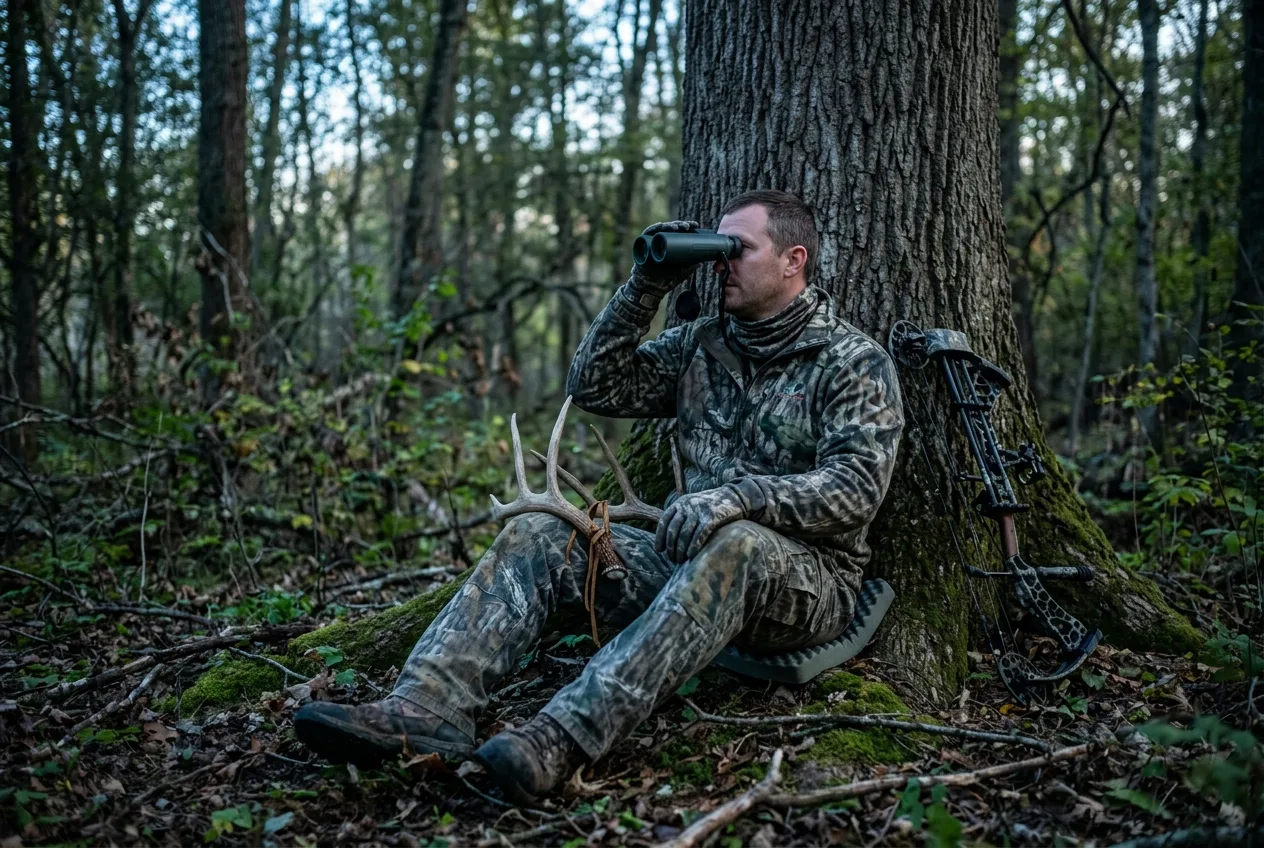 A hunter seated against a tree at first light with antlers and bow ready
