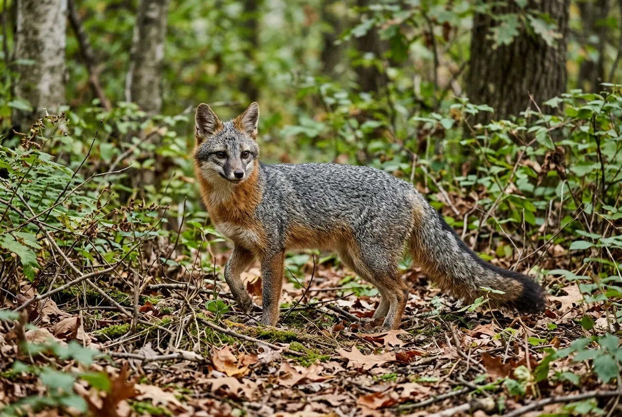 A gray fox standing in brushy woodland understory in soft overcast light