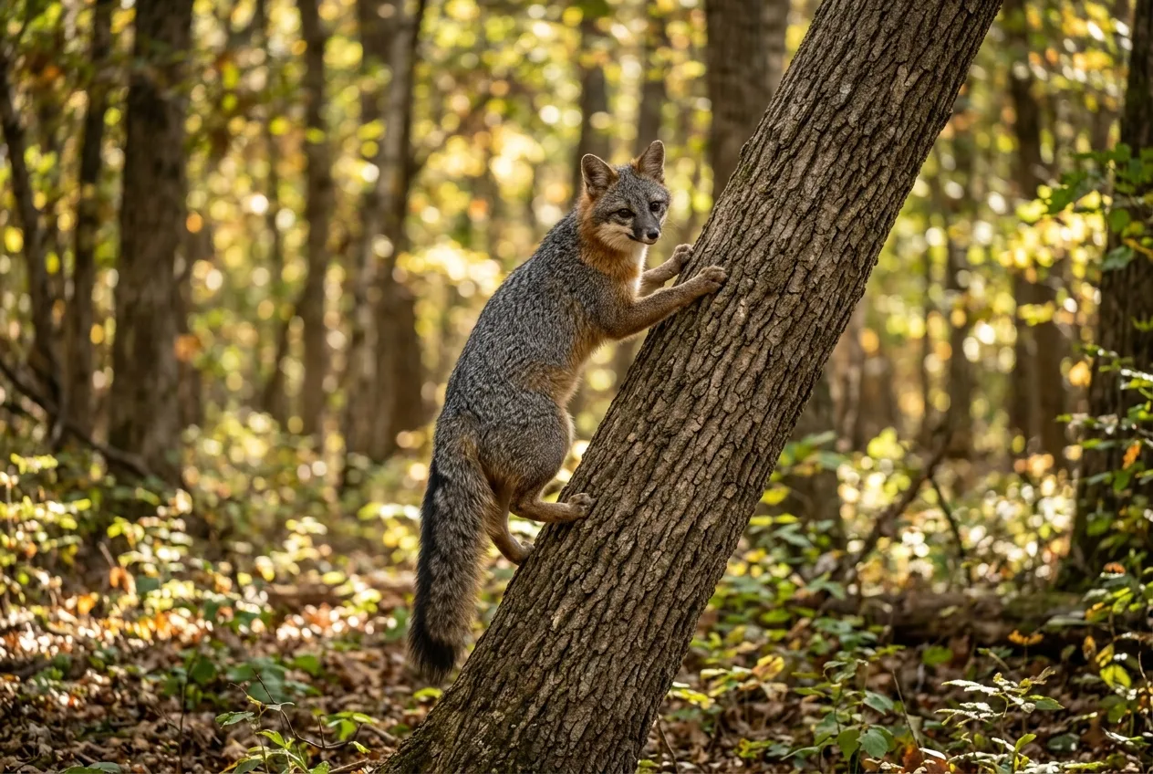 A gray fox climbing on a low leaning tree trunk in a sunlit forest