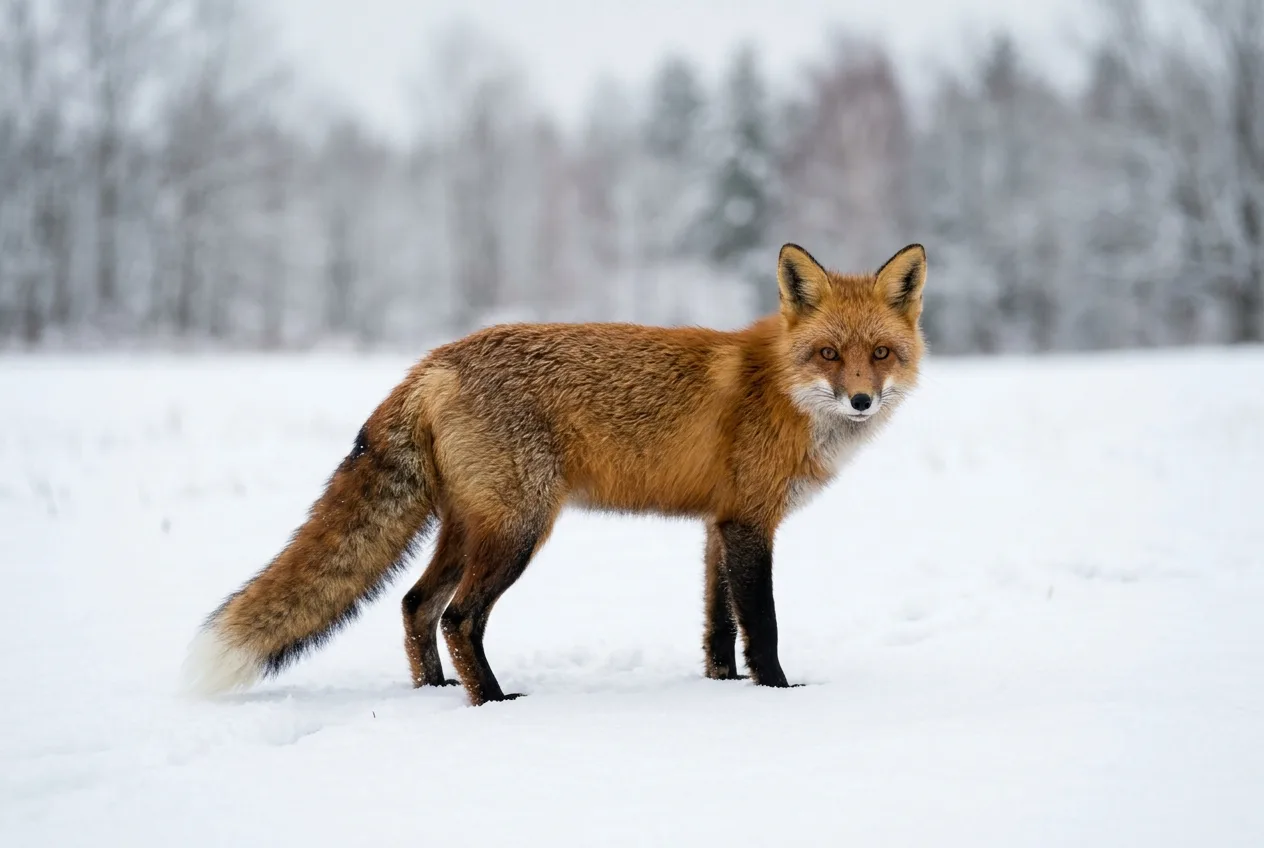 A red fox standing in fresh snow showing its dark legs and white-tipped tail