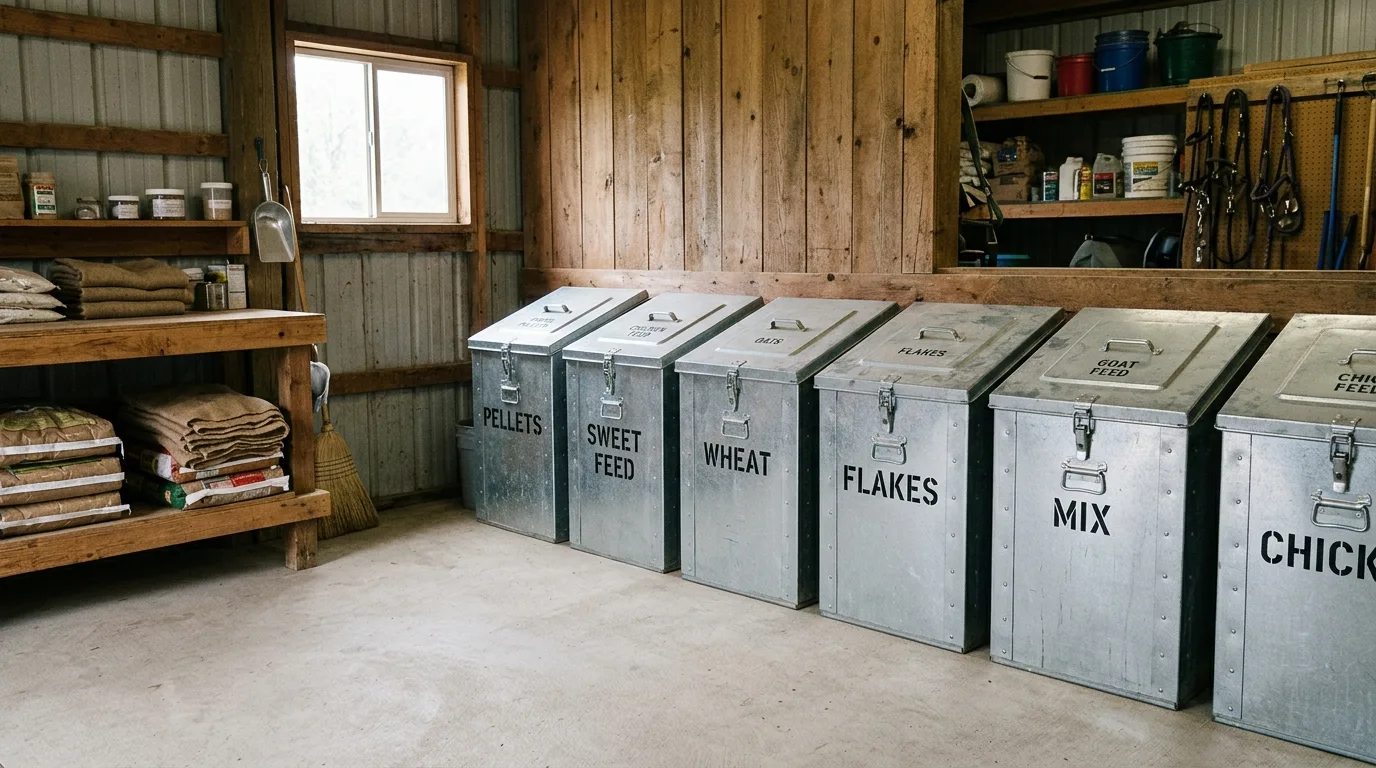 A tidy feed room with sealed metal feed bins and a clean swept floor