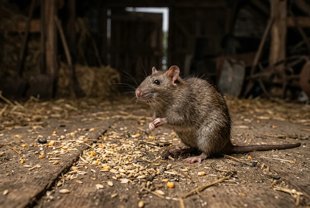 A brown rat on a barn floor near a few spilled grains at dusk