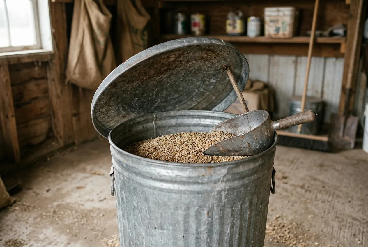 A galvanized metal feed bin with its lid open showing grain inside
