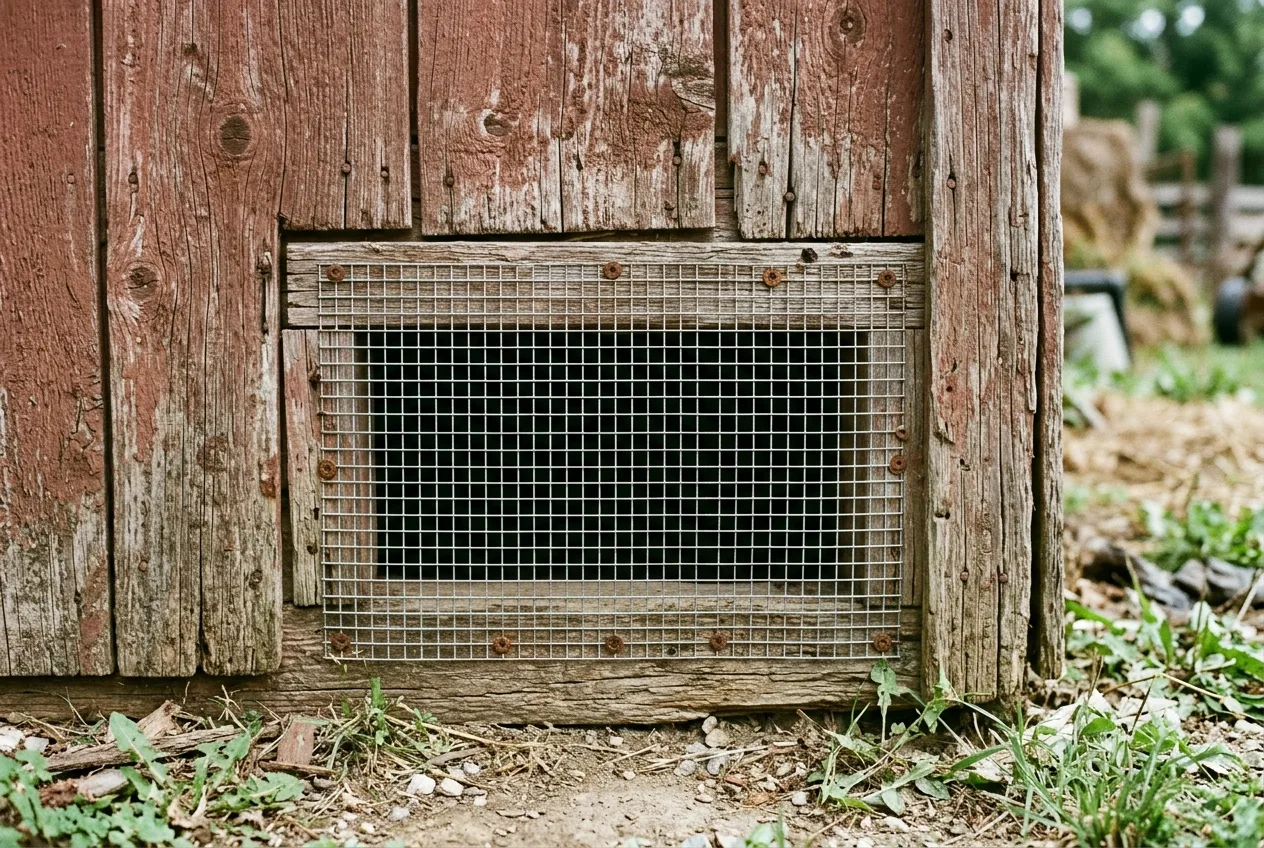 Hardware-cloth mesh fixed over a barn vent opening to block rodents