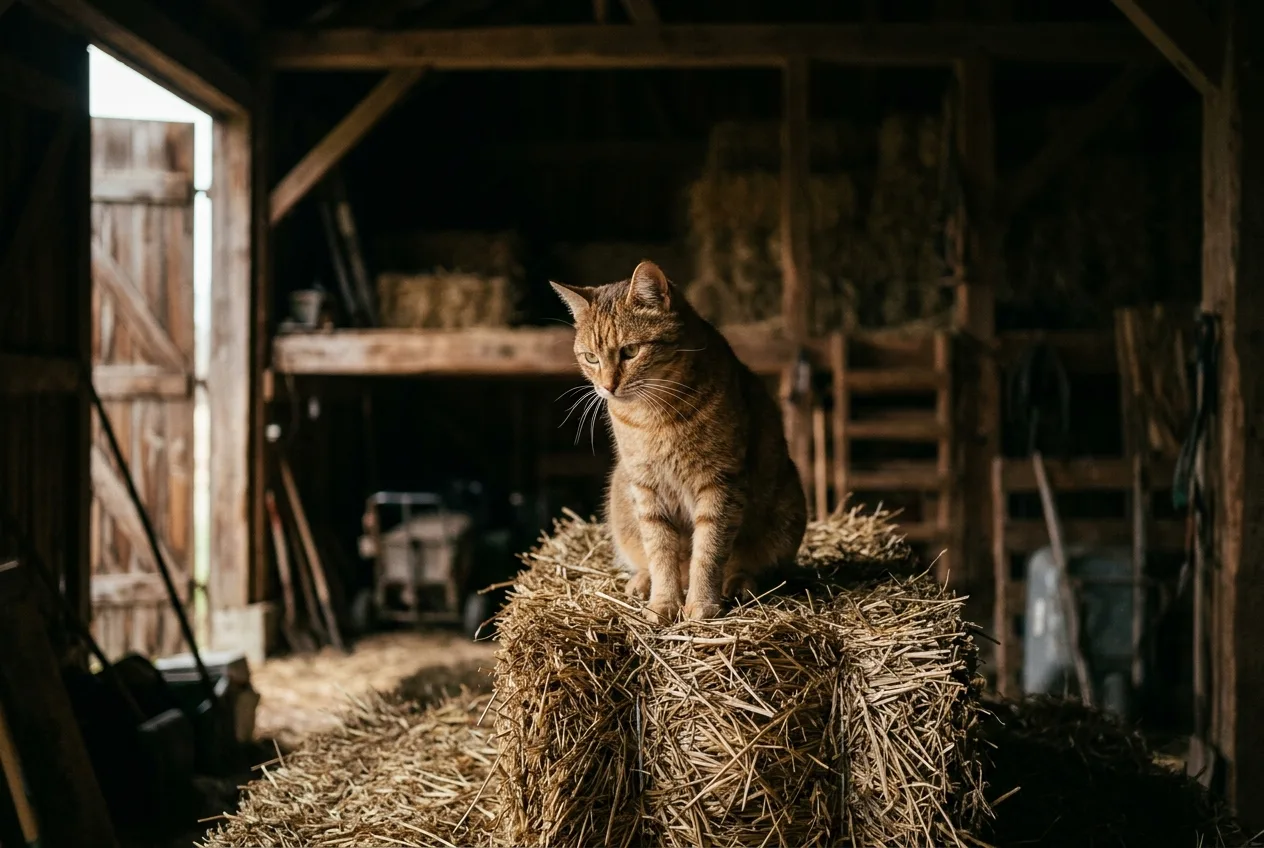 A barn cat sitting watchfully on a hay bale in a barn