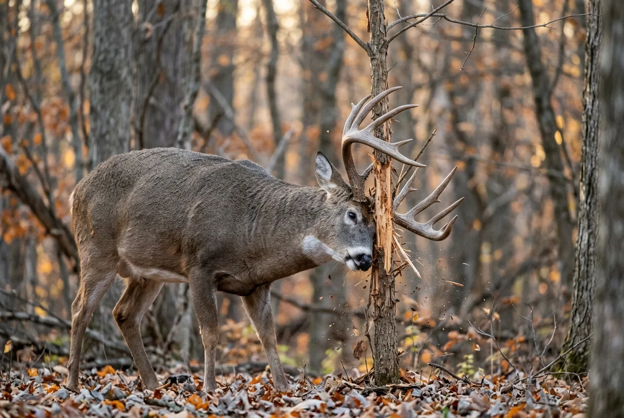 A mature white-tailed buck rubbing his antlers and forehead against a small tree