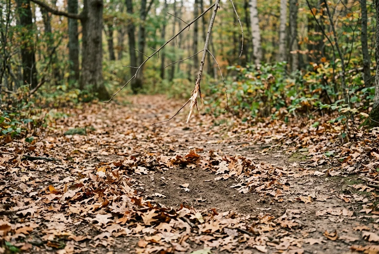 A fresh deer scrape of bare pawed dirt beneath a low overhanging licking branch on a trail