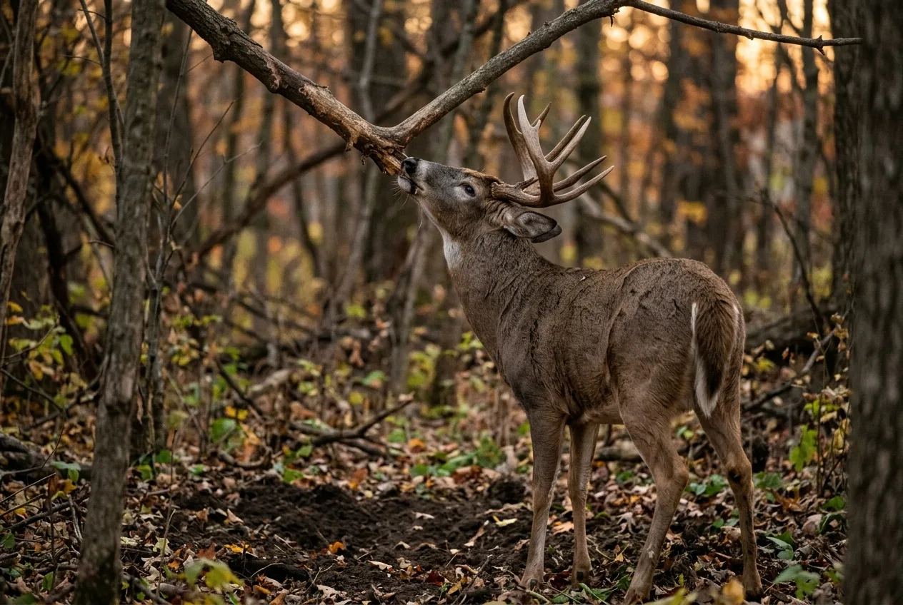 A white-tailed buck nuzzling and chewing an overhanging licking branch above a scrape at dusk