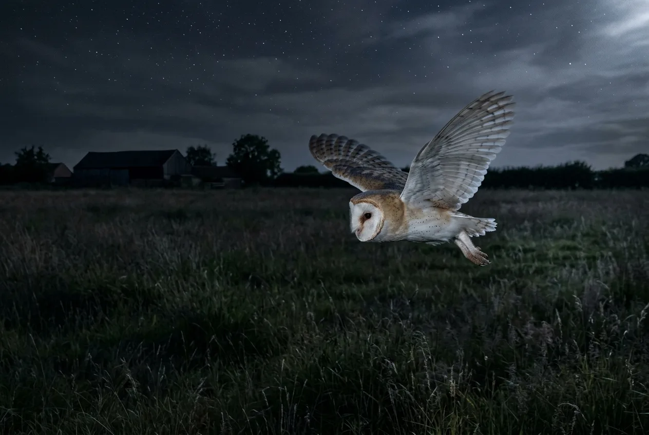 A pale barn owl gliding low over a moonlit meadow at night with wings spread