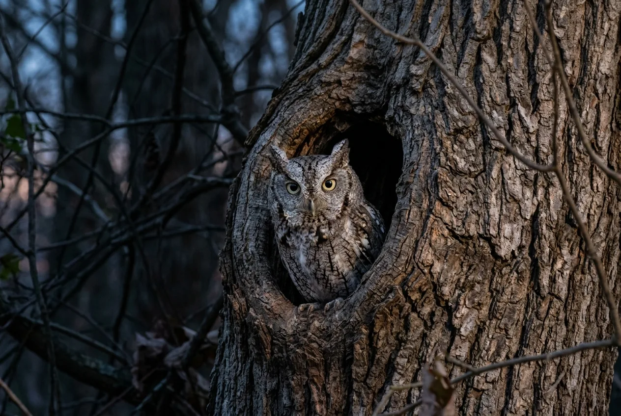A small eastern screech-owl perched in a tree cavity at dusk