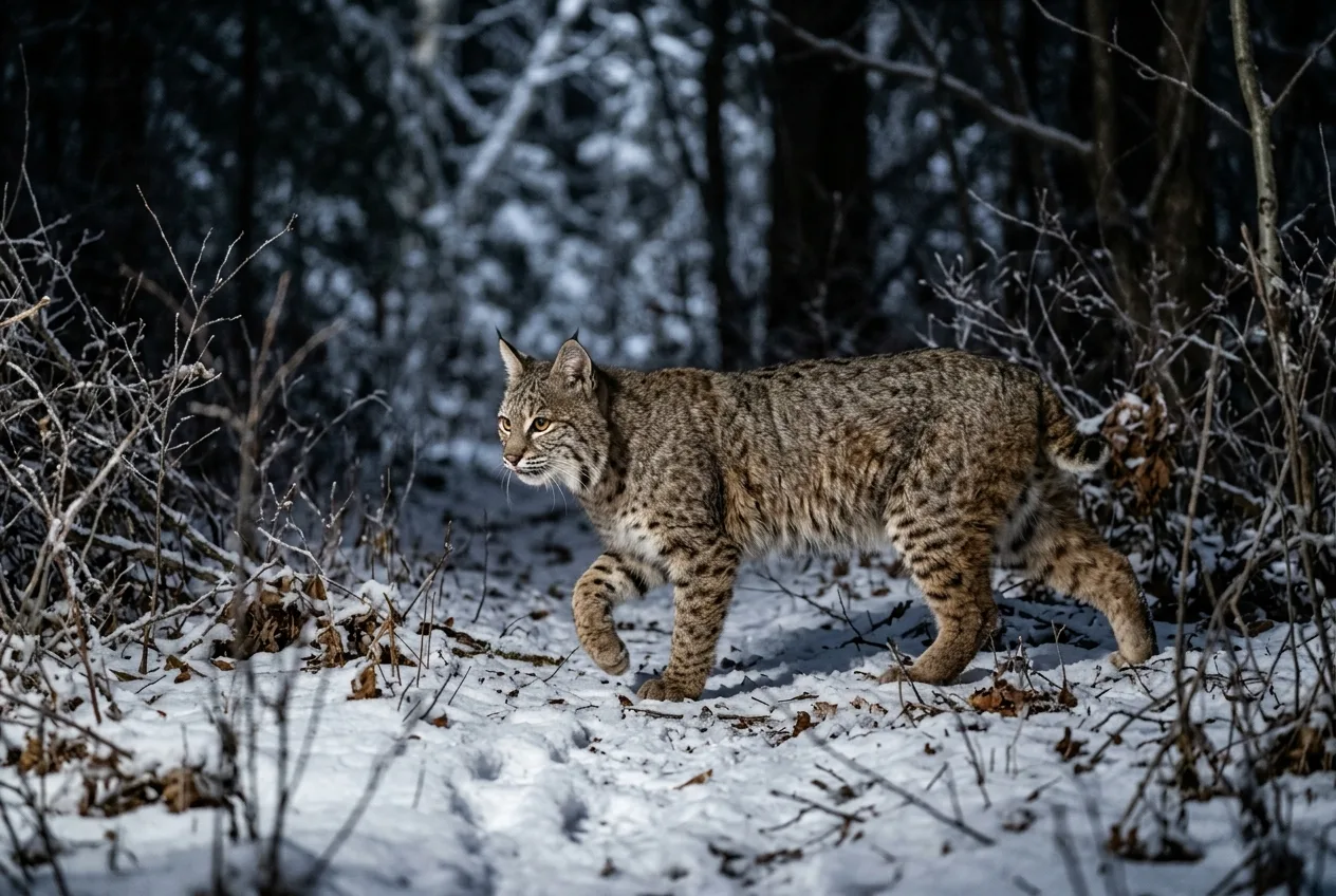 A bobcat walking along a snowy woodland edge at night