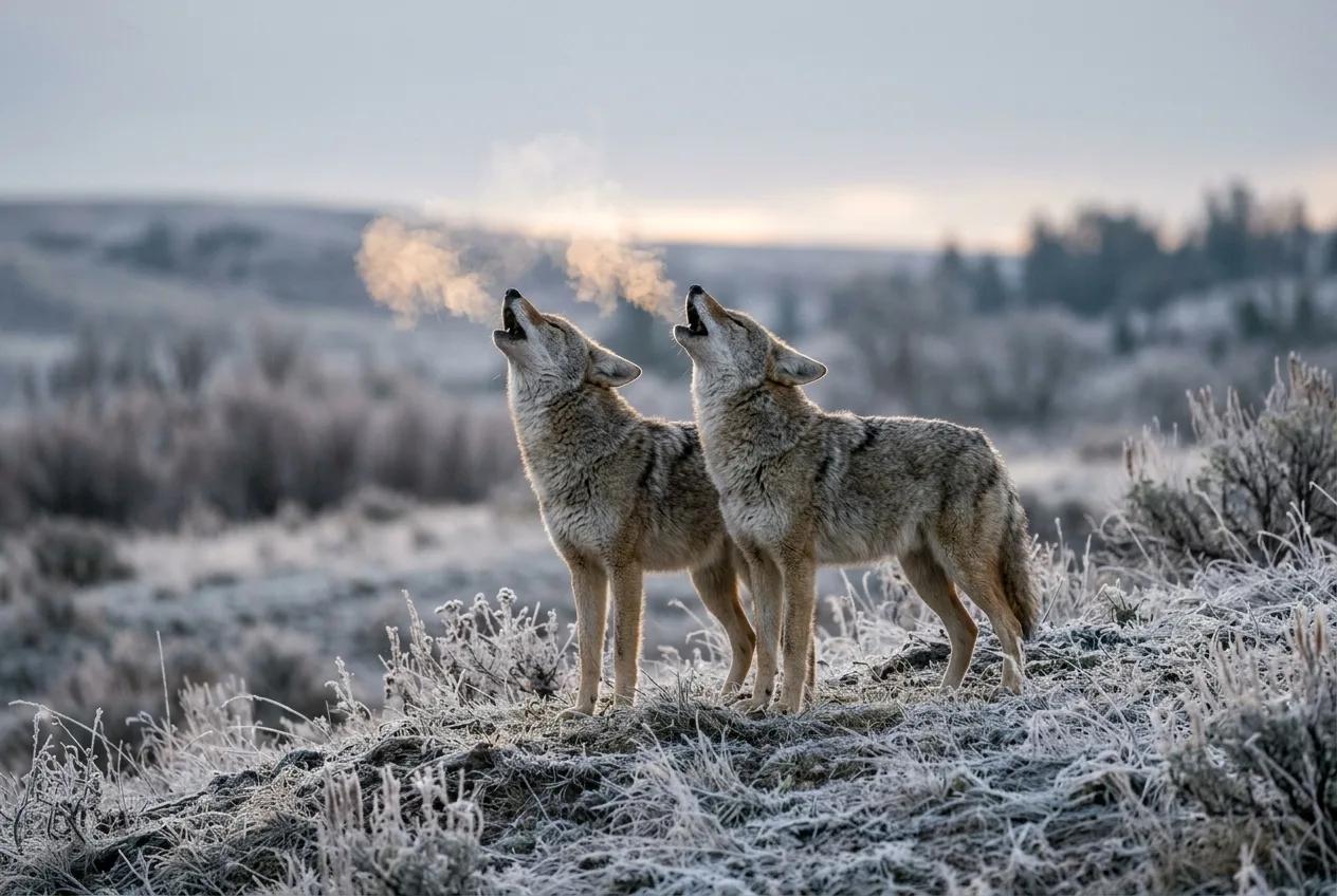 Two coyotes howling together on a frosty hillside under a dim winter sky
