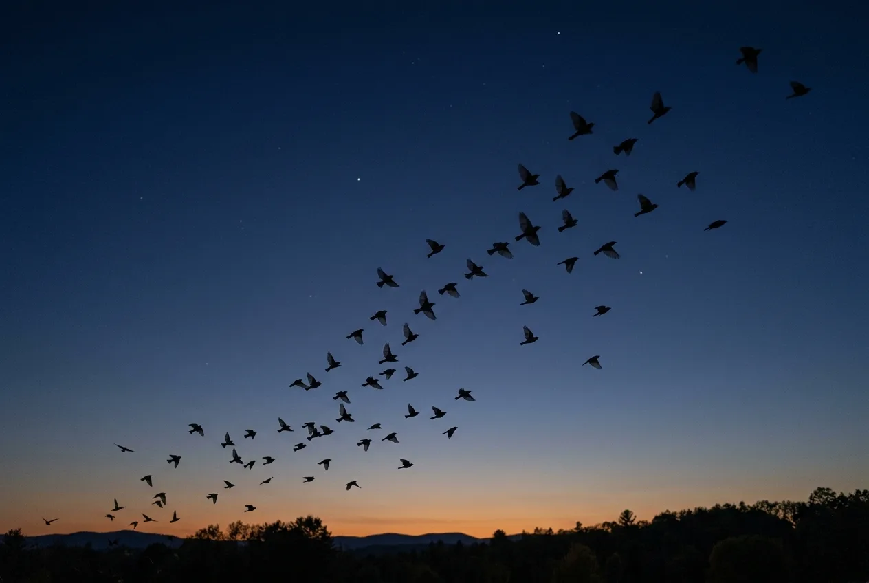 A small flock of songbirds silhouetted against a deep blue twilight sky during nocturnal migration