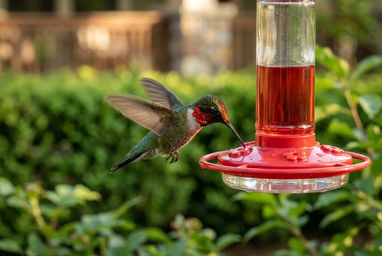 A male Ruby-throated Hummingbird feeding at a backyard nectar feeder in spring