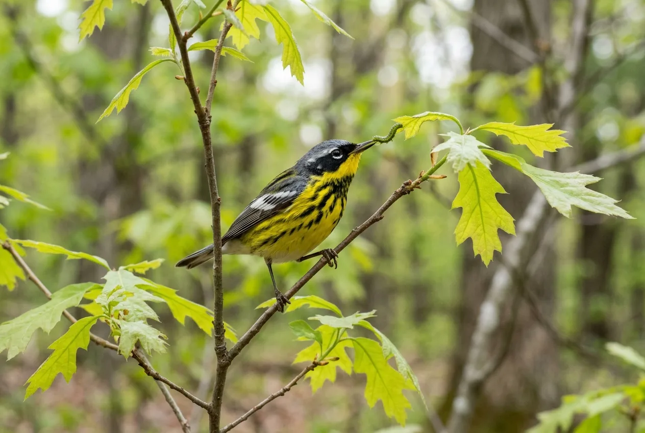 A warbler foraging among caterpillars on the new leaves of a native oak