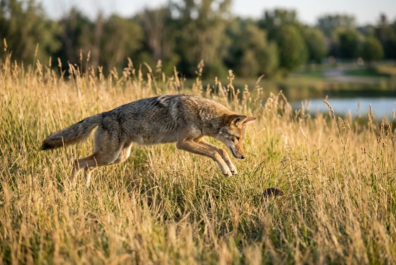 A coyote pouncing on a small rodent in a grassy suburban green space