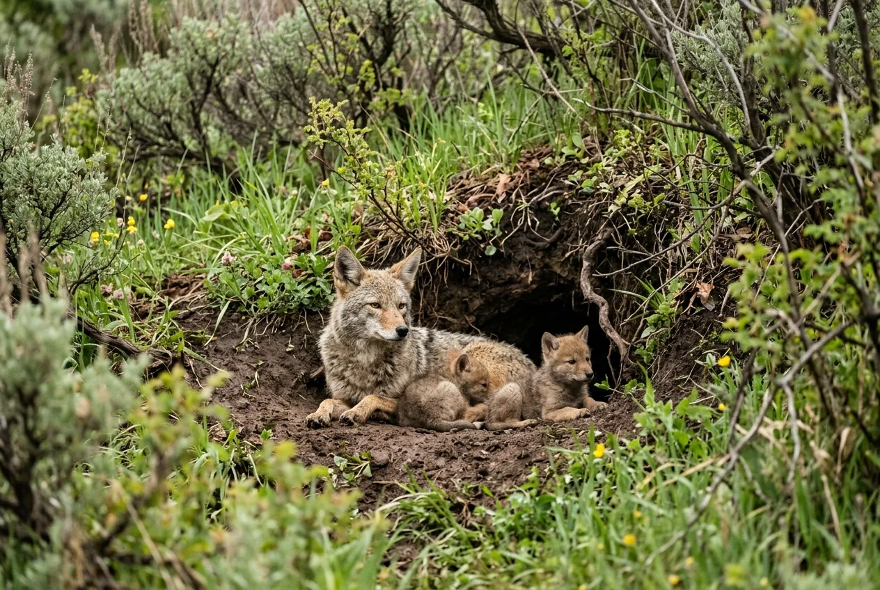 A coyote family with pups resting at the mouth of a den under brush in spring