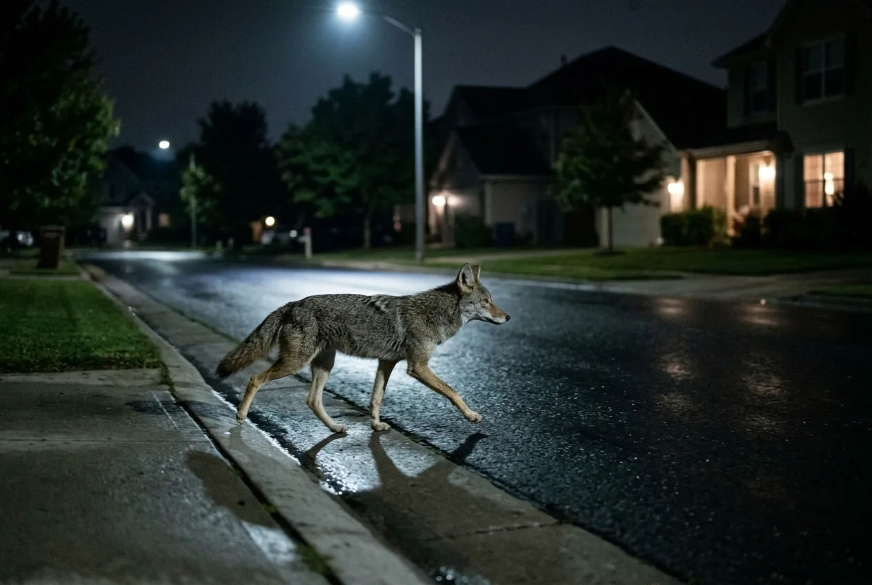 A coyote trotting along a suburban street at night caught in cool ambient light