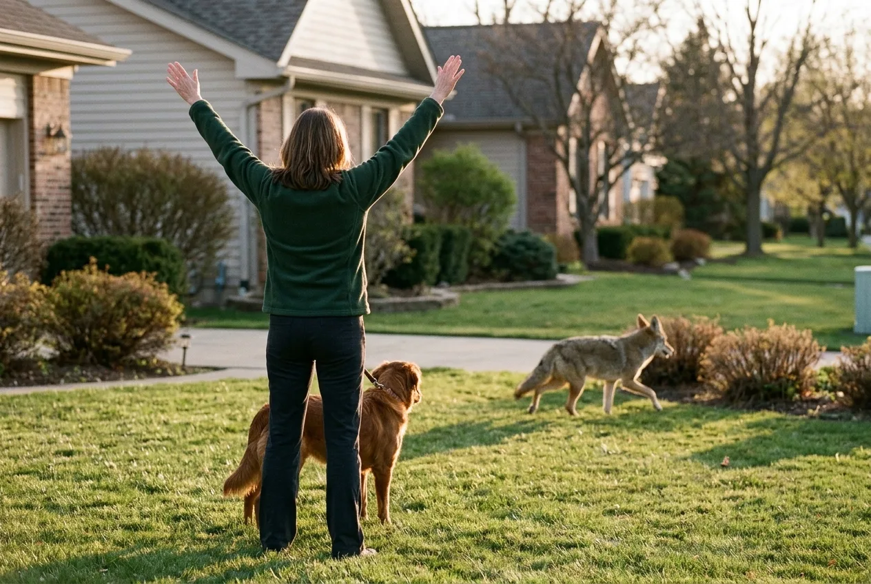 A person hazing a coyote by raising their arms on a residential lawn at dusk