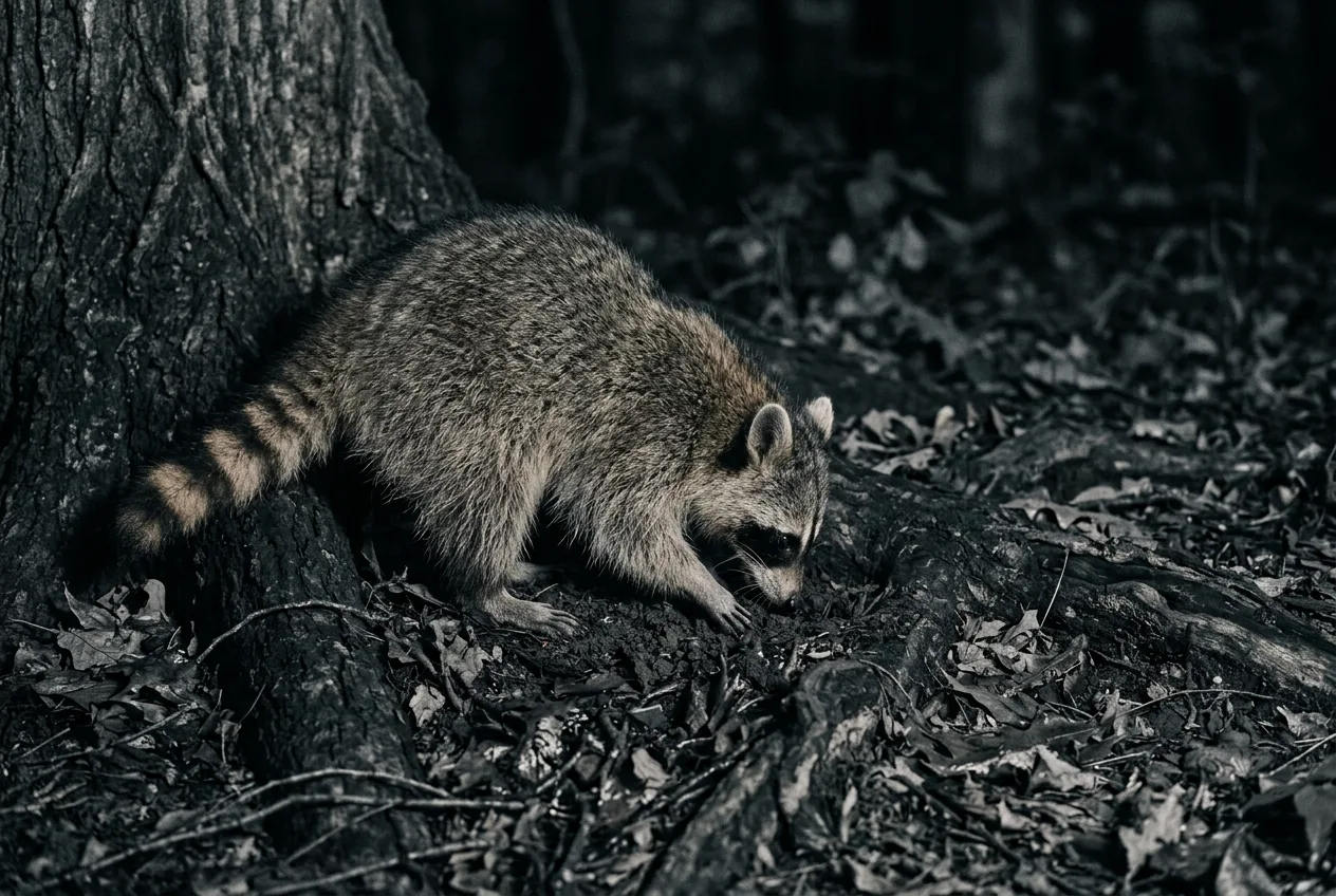 A raccoon foraging at the base of a tree at night in cool near-monochrome light
