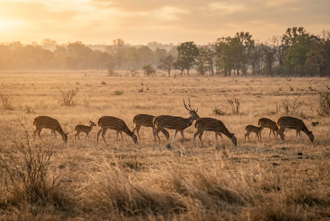A herd of spotted deer grazing in open grassland in soft early-morning light