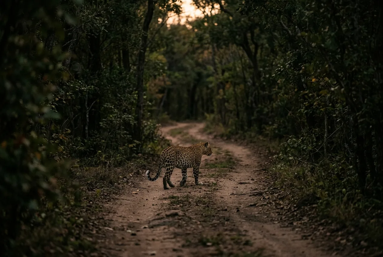 A leopard walking along a forest dirt track at dusk seen from a respectful distance
