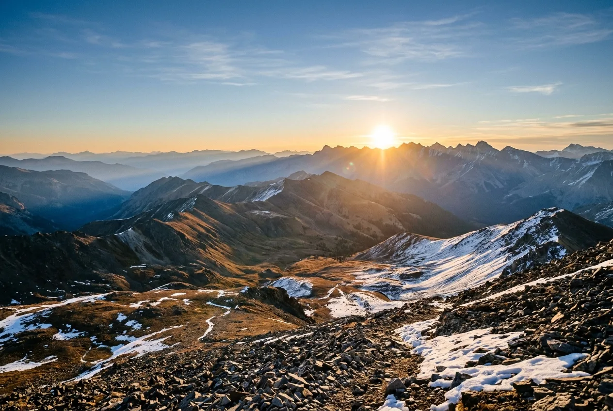 A mountain landscape at sunrise with the sun low on a ridgeline casting long light