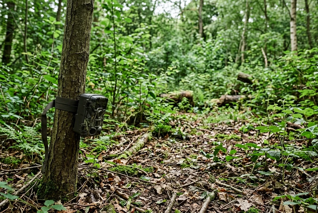 A small unobtrusive camera trap strapped to a tree facing an open forest gap away from any trail