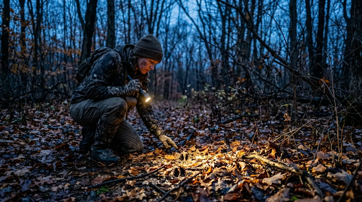 A hunter crouched low following sign along the forest floor at dusk with a flashlight beam