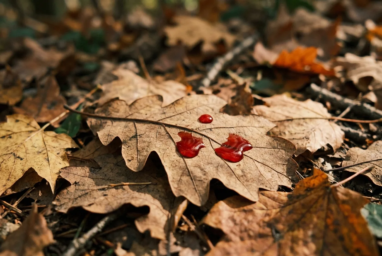 A few small drops of bright red blood on fallen autumn leaves