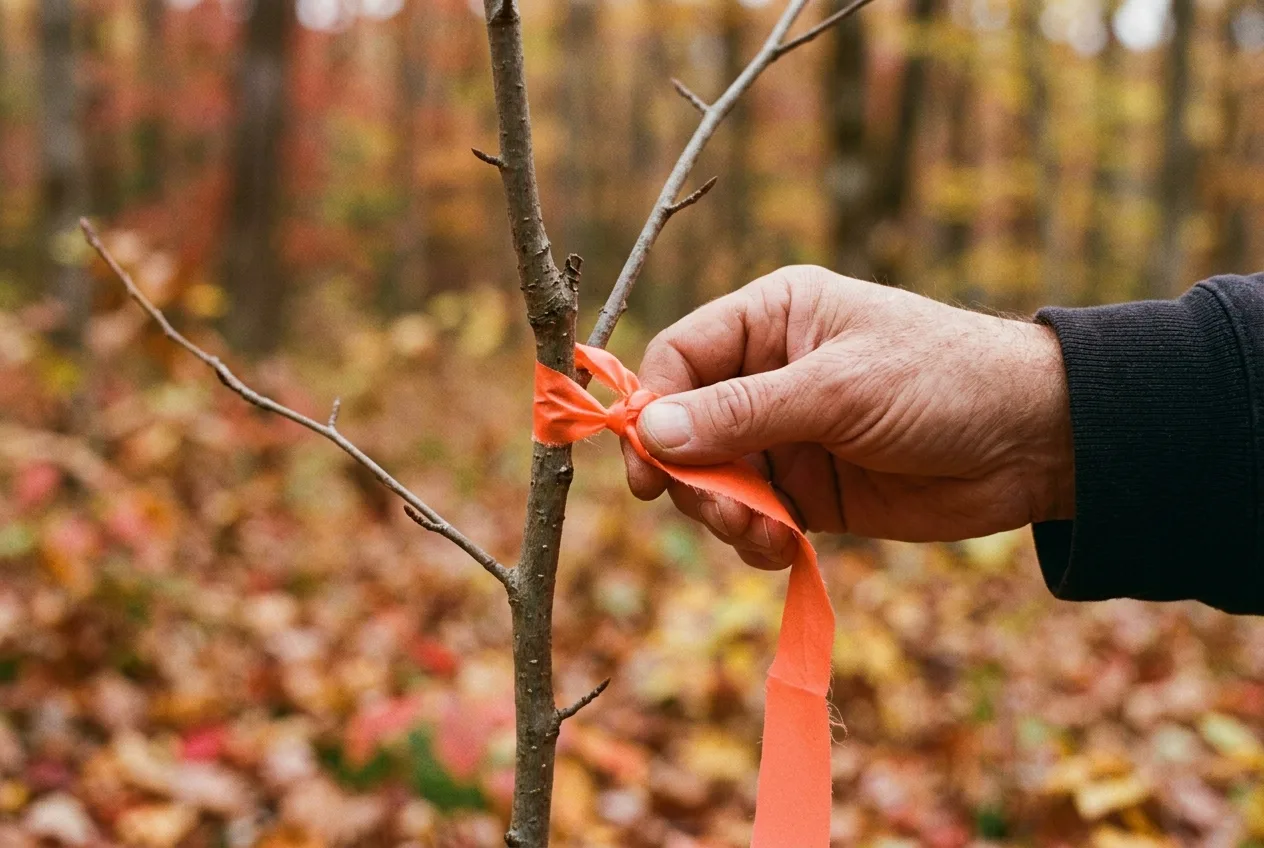 A hand tying a strip of orange flagging tape to a thin branch to mark the trail