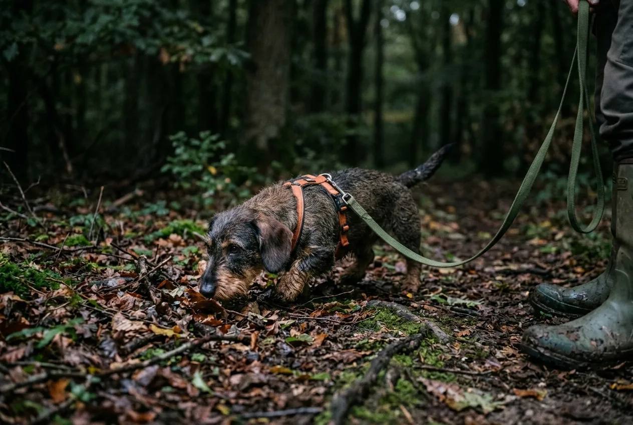 A leashed tracking dog working nose-down along the forest floor